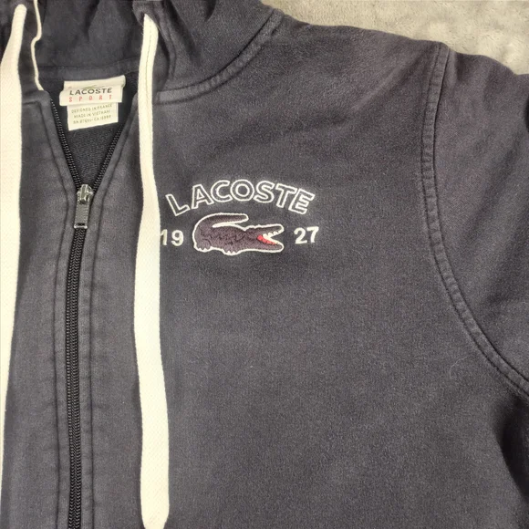 Lacoste Navy Zip-Up Hoodie with White Trim Size Large - Picture 3 of 16